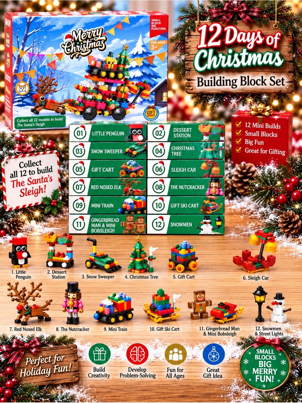 Kids 12-Piece Christmas Building Block Set - Multi Color